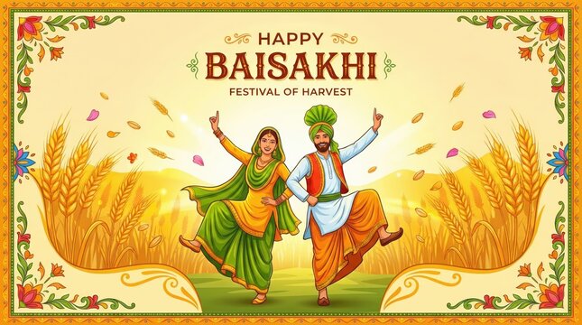Happy Baisakhi featuring a Sikh couple dancing joyfully in a golden wheat field with falling petals and decorative borders