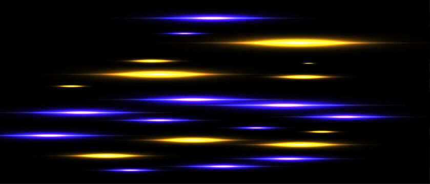 Neon speed lines in gold and blue tones, glowing streaks for dynamic motion design on black background.