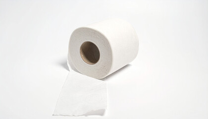Fototapeta premium White toilet paper roll with a torn sheet on a bright white background