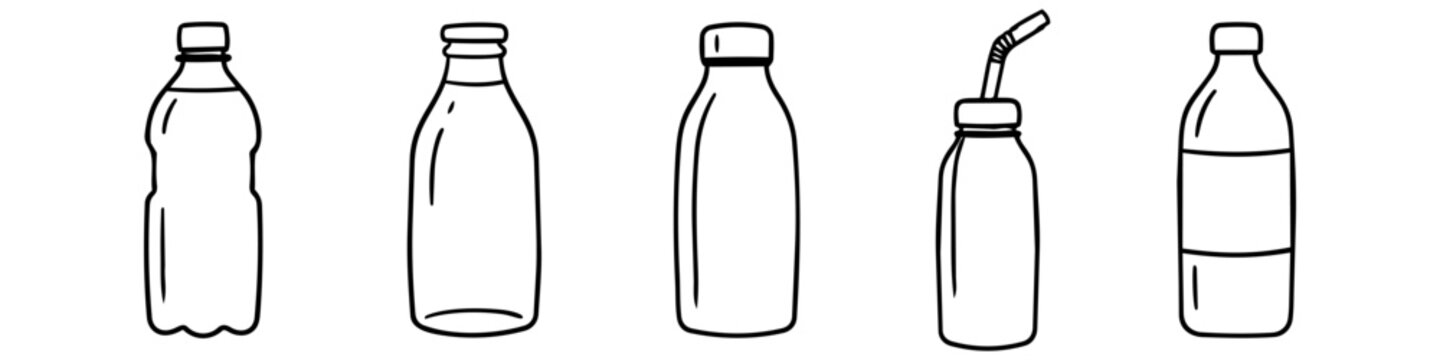 Bottle, Straw and Water Monochrome Icon Set. High quality stock illustration with clear subject focus, cohesive composition, and versatile commercial applicability across branding, editorial.
