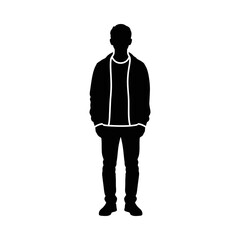 Obraz premium Silhouette of a young man standing confidently with hands in pockets, casual attire, isolated on white background