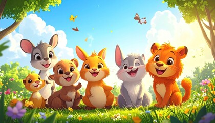 Fototapeta premium Adorable Cartoon Animal Friends Enjoying a Sunny Day in Nature.