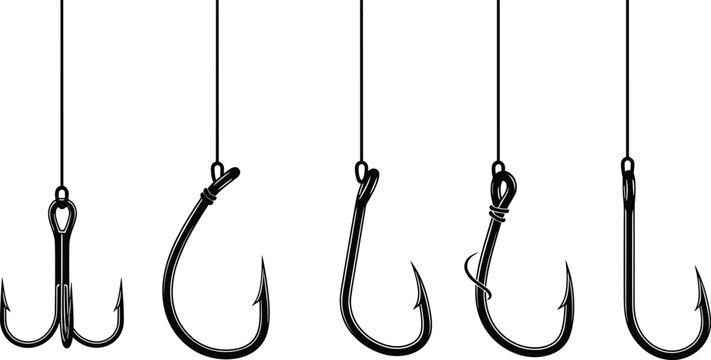 Fishing hook silhouettes with treble hook, wide gap hook, J hook, knot tied hook, long shank hook, angling gear illustration