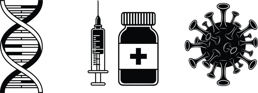 DNA helix, syringe, medicine vial, virus icon illustration, healthcare vaccination artwork, genetic science design, medical treatment concept, public health awareness inspiration