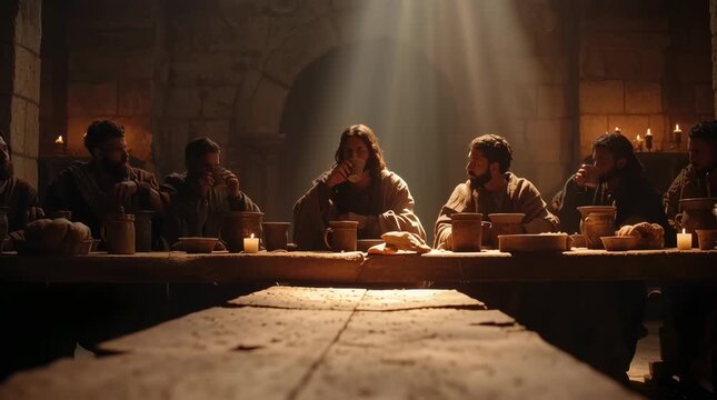 Artistic cinematic recreation Jesus Christ seated with disciples long wooden table, warm candlelight illuminating faces, rustic bread clay cups table, slow drifting camera movement, soft dust particle