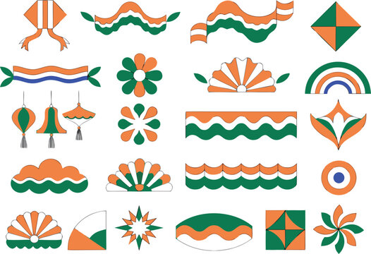 Set of decorative graphic elements featuring the tricolor theme of saffron white and green colors Vector
