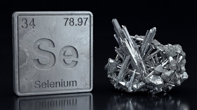 A metallic tile engraved with the chemical symbol for Selenium and its atomic data stands next to a cluster of sharp gray crystals. The arrangement is set against a dark background.