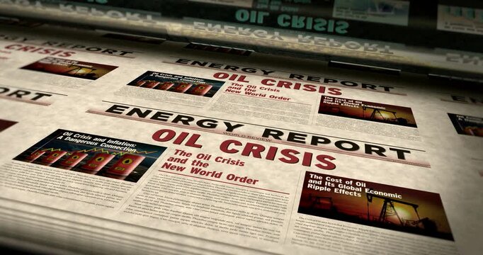 Oil ciris breaking news vintage print machine. Energy and fossil fuel economy title headline newspaper printing house. Information paper media looped animation.