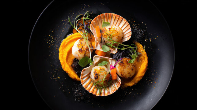 Dark photo of a fine dining dish with scallops in their shell and roasted squash pur&eacute;e. Black background with studio professional lighting in a top view, flat lay. Stylish gourmet plating.