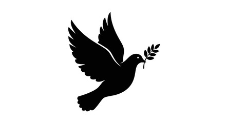 Obraz premium Black silhouette of a flying dove holding an olive branch in its beak
