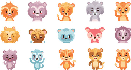 Cute baby animals vector set with lion tiger bear and monkey faces adorable cartoon characters with different emotions colorful illustration collection © Jahangir