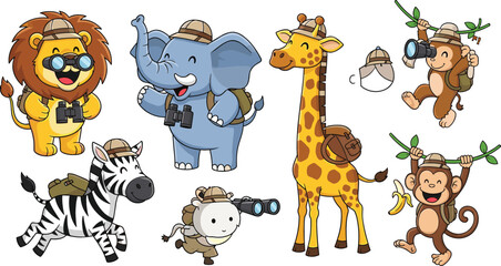 Safari animals explorer cartoon vector set with lion elephant giraffe zebra and monkey wearing hats backpacks and binoculars adventure theme illustration © Jahangir