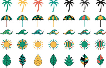 Obraz premium Set of colorful summer icons featuring palm trees beach umbrellas ocean waves suns and leaf shapes Vector