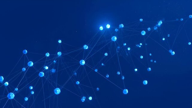 Glowing blue network of connected nodes and lines forming digital molecular web futuristic data visualization conveying connectivity and abstract technology inspiration glowing blue network node