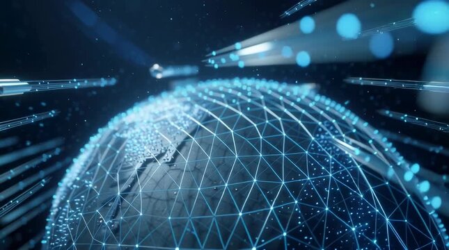 Futuristic holographic globe composed glowing triangular mesh network, animated trade routes wrapping Earth, luminous cargo ship, airplane truck icons moving along digital paths data particles flowing