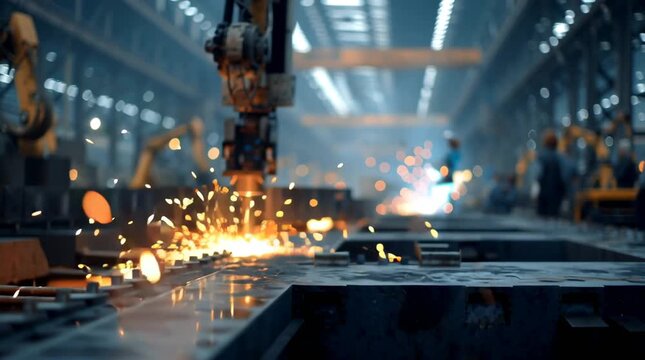 Ultra-realistic industrial stock video, close-up robotic welding arms operating large steel ship hulls, intense orange sparks flying, steam smoke subtly rising blurring massive shipyard cranes workers