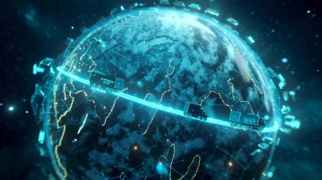 Futuristic holographic globe composed glowing triangular mesh network, animated trade routes wrapping Earth, luminous cargo ship, airplane truck icons moving along digital paths data particles flowing