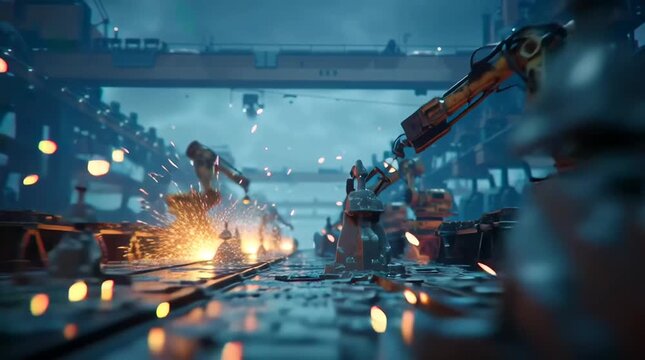 Ultra-realistic industrial stock video, close-up robotic welding arms operating large steel ship hulls, intense orange sparks flying, steam smoke subtly rising blurring massive shipyard cranes workers