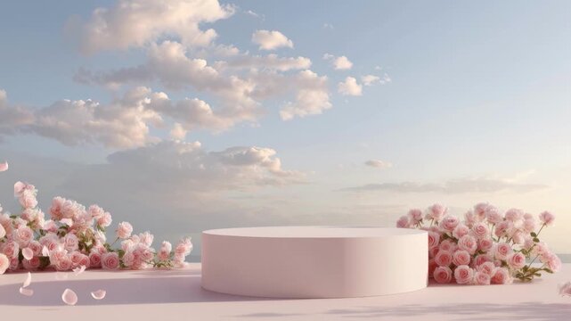Pink floral podium sunrise sky soft clouds, round stage flanked by abundant pink roses and scattered petals on matte surface, warm golden hour lighting, pastel color palette and serene romantic mood