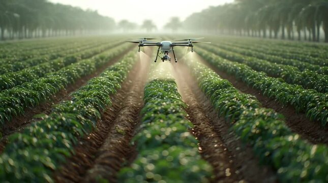 High-resolution stock video of smart agriculture, autonomous drones spraying water perfectly aligned crop rows, sunlight filtering morning mist, soil leaves detailed natural textures, soft focus