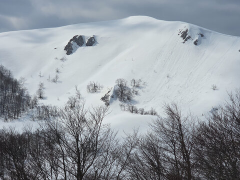 Snow-capped peak of Monte Nuria with rocky outcrops and winter beech forest under a cloudy sky, Rieti, Italy