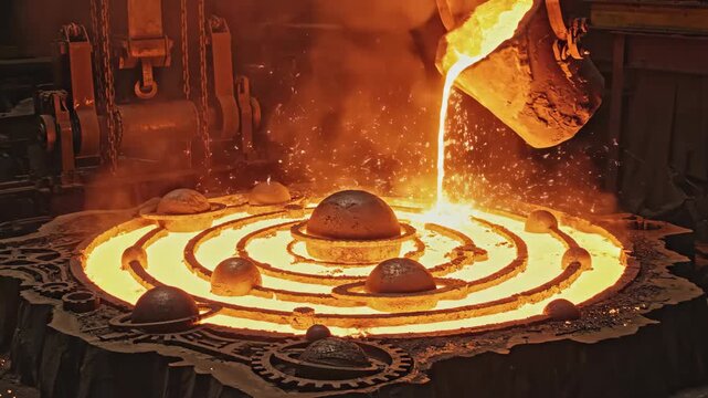 Molten Metal Poured Into Industrial Mold Fiery Orange Glow and Sparks Illuminate Foundry Process