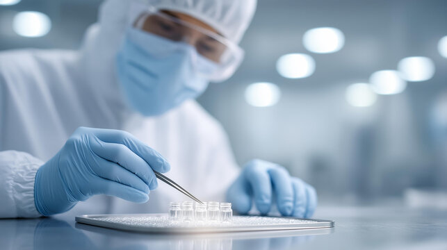 Faceless worker inspecting precision components under bright cleanroom lighting in a sterile pharmaceutical manufacturing facility. A clean, clinical scene of quality control in modern high-tech