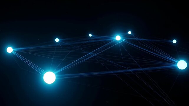 Glowing blue network nodes connected by light trails and beams across dark space, digital data connection and communication technology with luminous orb, glowing blue light, glowing nodes