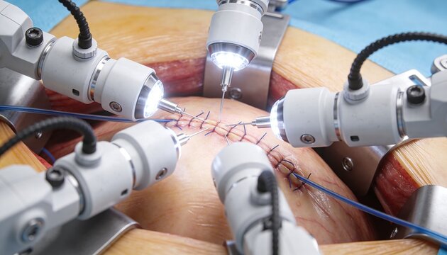 Robotic arms activating, tightening blue sutures on midline incision during surgical closure