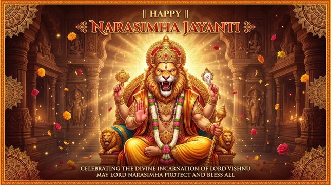 Elaborate scene of Lord Narasimha enthroned in a temple, radiating divine light, with lions at his side and falling flower petals, celebrating his divine incarnation