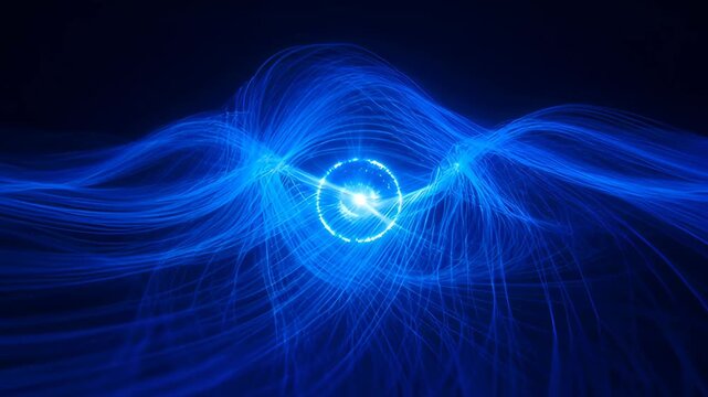 Glowing blue energy sphere flowing light strands and dynamic abstract wave motion futuristic power connection orb with flowing light trails and abstract wave patterns conveying motion and futuristic