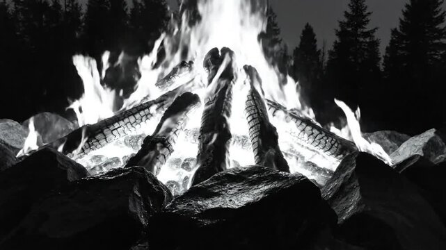 Black and White Campfire Burning Brightly with Flames and Embers Against a Forest Backdrop