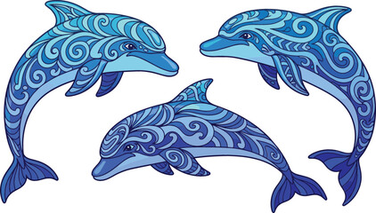 Ornamental dolphin vector illustration set with decorative blue patterns stylized marine animals in elegant swirling design isolated on white background © Jahangir