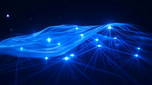 Bioluminescent blue wave glowing network fiber optic glow light particles digital wave illuminated strands neon energy abstract technology blue light trail glowing network node blue connection