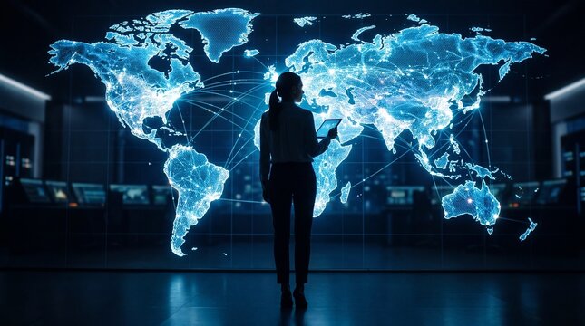 A silhouetted woman stands before a large, glowing blue map of the world, interacting with a tablet. It depicts a futuristic global network display.