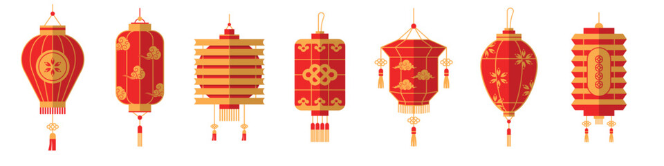Set of traditional Chinese hanging lanterns with tassels and cultural patterns for lunar new year celebration isolated on transparent background © Genkomono