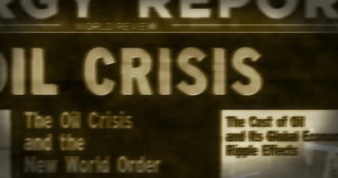 Oil ciris breaking news on vintage microfilm reader. Energy and fossil fuel economy title headline newspaper on retro microfishe. Information media print looped animation. 