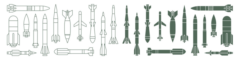 Fototapeta premium Set of military ballistic missiles rockets bombs and torpedoes in outline and flat silhouette styles isolated on transparent background