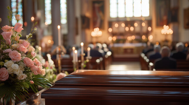 Funeral service taking place inside solemn church with focus on brown coffin adorned with pink roses. Surrounded by flickering candles and mourners attending in blurred background. Grief, copy space