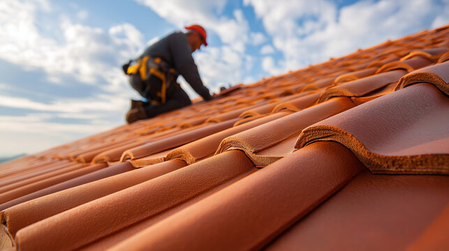 Experienced roofer installing new red ceramic tiles on a residential house roof, ensuring home construction, maintenance, and repair for property improvement, copy space