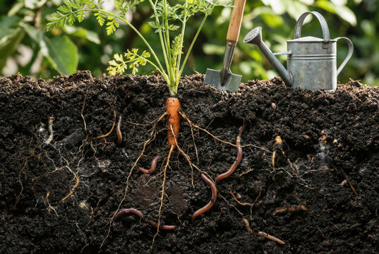 The soil in the section. Growing carrot sprouts. Roots and worms are inhabitants of the soil. Gardening and agriculture