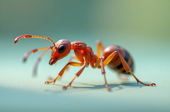 Detailed view of a red ant on green surface