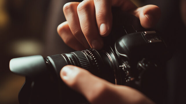 Photographer's hands adjusting the lens focus on a dslr camera, capturing moments, expertise in professional photography and creative visual storytelling
