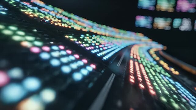 Abstract image of curved lines of illuminated, multicolored lights, with blurred elements