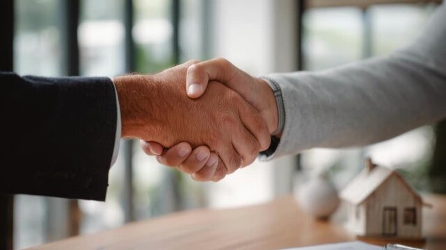Handshake between businessmen sealing property deal over contract and model house on wooden table, detail of palms in suit sleeves, realtor and client finalize sale in bright office
