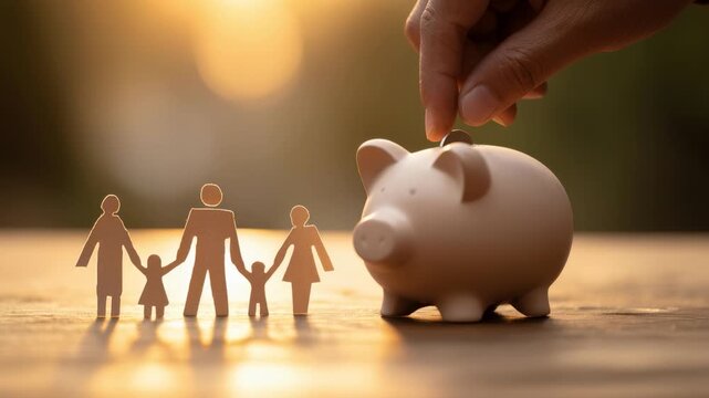 Family paper cutouts piggy bank coin hand placing coin into ceramic pig under warm golden light, parent saving for child education, couple planning retirement, symbolic household budget and emergency