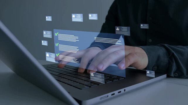 Employees must complete online survey form with answer test questions. Human resources and management employment.Digital questionnaire and business communication concept.	
