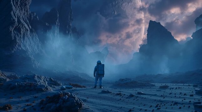 Cinematic 4K shot damaged astronaut alien wasteland twin moons, jagged rock formations swirling dust, bioluminescent alien flora softly glowing, dramatic sci-fi lighting, loneliness epic scale