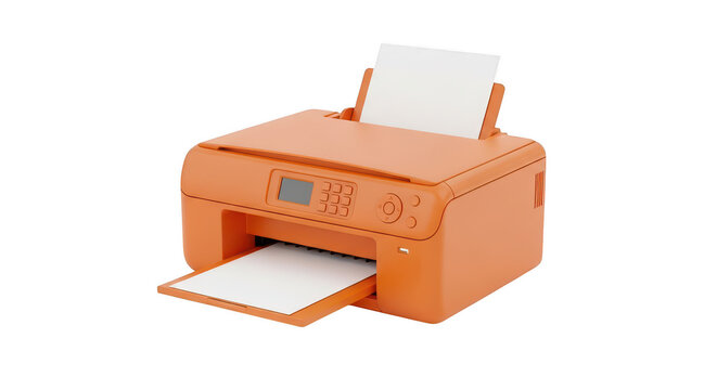 A wooden printer with paper being ejected from its output tray isolated on transparent background