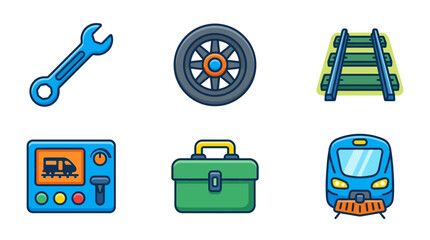 Collection of colorful cartoon-style icons representing transportation and maintenance, including a wrench, train wheel, railway tracks, control panel, toolbox, and a train engine © Nining